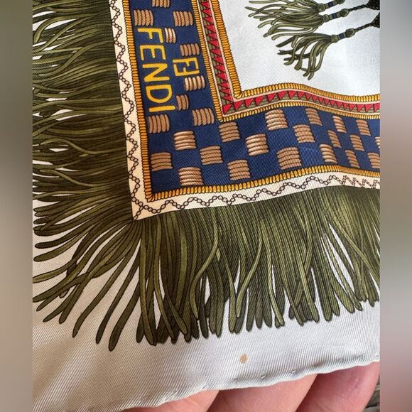 Vintage FENDI 100% Silk Scarf Tassel Rope Print 35x33” - Picture 14 of 14
